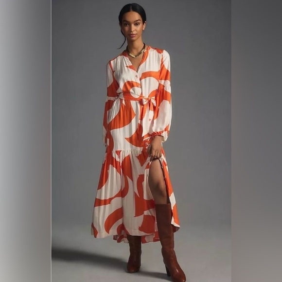ANTHROPOLOGIE Tiered Buttondown Maxi Dress Orange Motif L - Picture 2 of 16